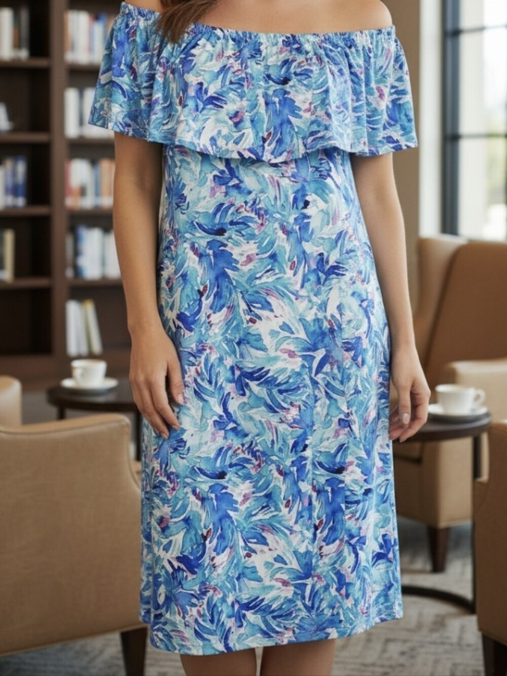 Stella Parker ,Off-Shoulder Blue Floral Midi Dress